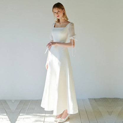 Vestido de novia de satén con corte en A, escote en V, espalda transparente, manga corta, talla grande para mujer, estilo princesa