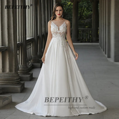 BEPEITHY Ivory Long Evening Dresses For Women Sleeveless A Line Sweep Train Vintage Prom Party Dress Vestidos De Noche Femme