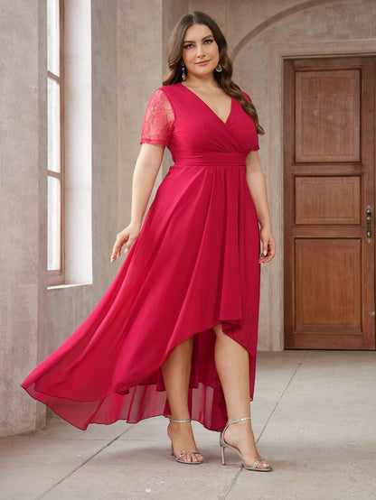 Vestido de novia elegante con escote en V profundo para mujer, de gasa con encaje irregular, manga corta, parte delantera corta y espalda larga, vestido de noche grande