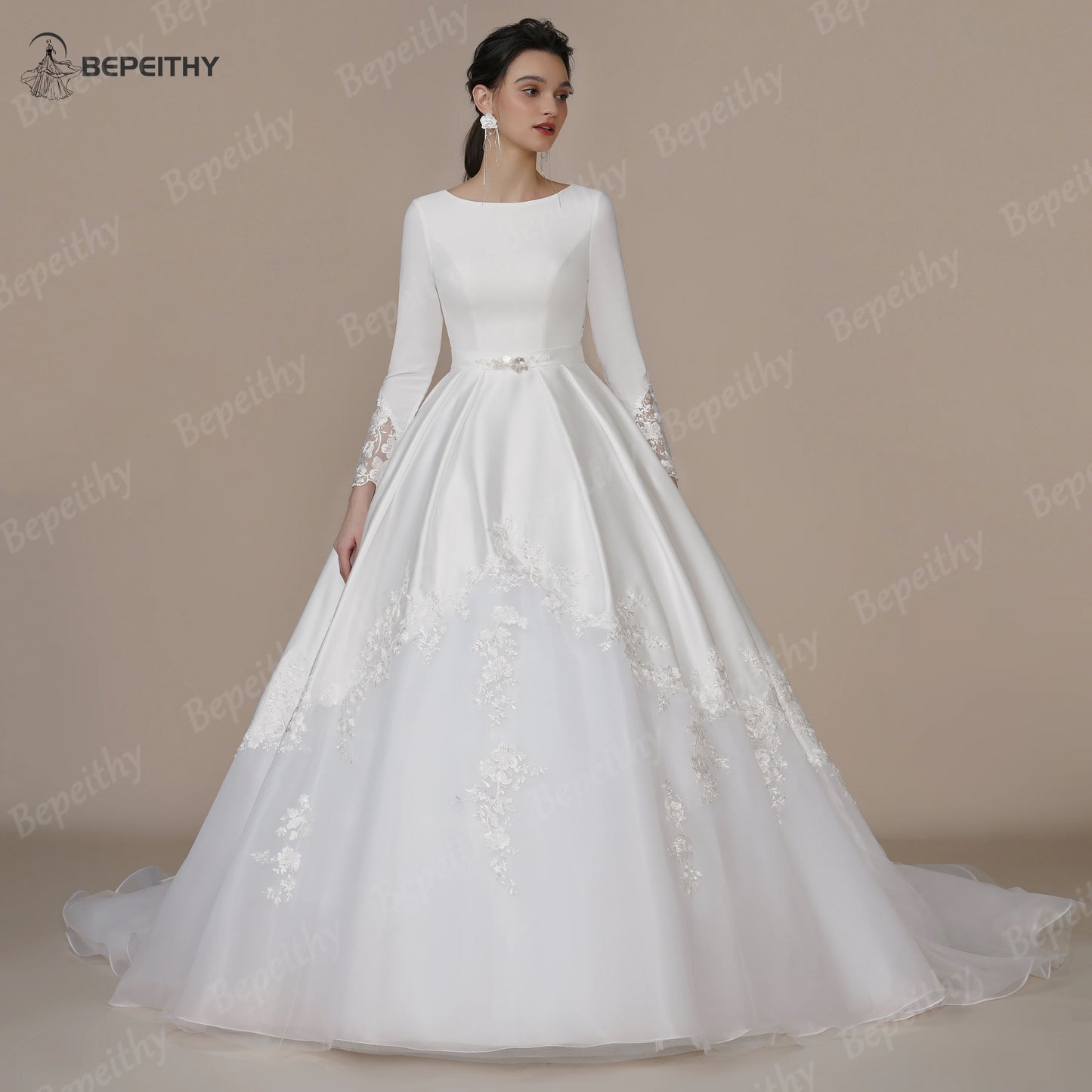 BEPEITHY Vintage Long Sleeves O Neck Ivory Wedding Dresses For Muslim Women 2023 France A Line Lace Modern Bride Bridal Gown