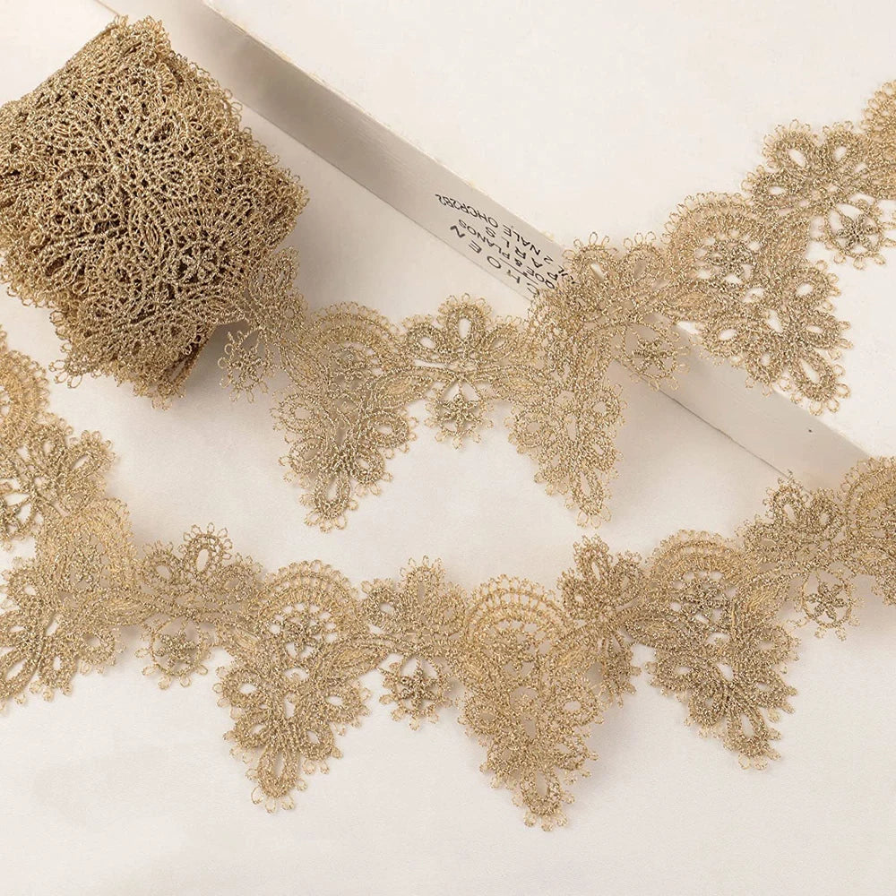 1 Yard Gold Lace Fabric Ribbon Metaillic Embroidery Lace for Sewing, Cake Fringe, Wedding Bridal Dress 5.5CM Wide