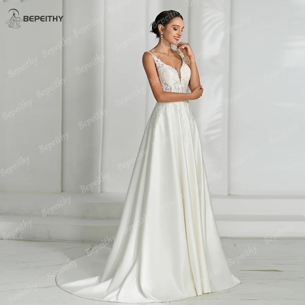 BEPEITHY V Neck Sexy Backless Satin Ivory Wedding Dresses For Women Sleeveless 2024 Lace Bodice Sweep Train Boho Bridal Gown