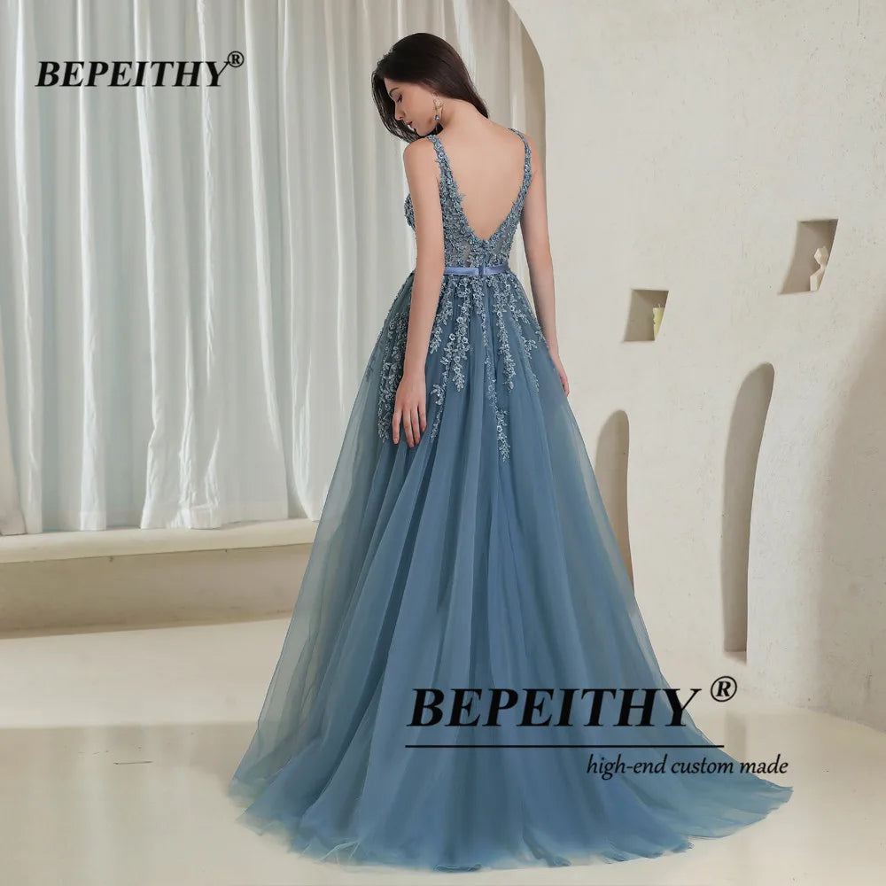 BEPEITHY Elegante escote en V gris azul largo vestidos de noche 2022 fiesta sexy sin espalda vestido de fiesta sin mangas bata de velada para mujeres