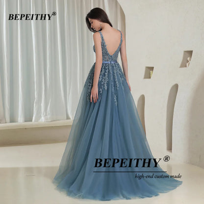 BEPEITHY Elegant V Neck Gray Blue Long Evening Dresses 2022 Party Sexy Backless Prom Gown Sleeveless Robe De Soiree For Women