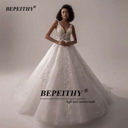 BEPEITHY Vestido De Noiva V Neck Sleeveless Wedding Dresses 2022 For Women A Line Ivory Lace Romantic Bride Boho Bridal Gown