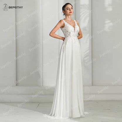 BEPEITHY Ivory Beach Wedding Dresses For Bride Women Sleeveless Chiffon Boho Open Back Sexy Bridal Gown Vestidos De Novia New