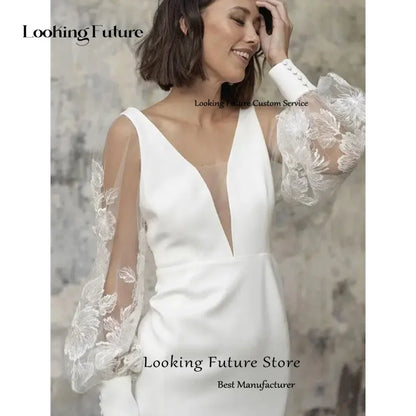 Simple Short Satin Wedding Dress Sexy V-neck Lace Illusion Long Sleeves Backless Formal Pleat Bridal Growns vestido de noiva2024