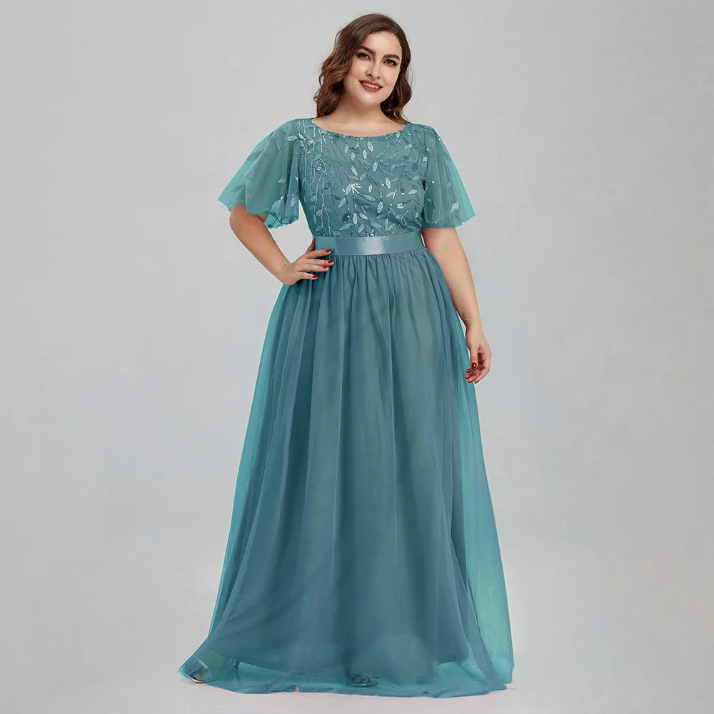 Women's Plus Size Mesh A-Line Sequin Embroidery Evening Dress Leaf  Maxi Prom Dress With Sleeves For Wedding Dress 2022