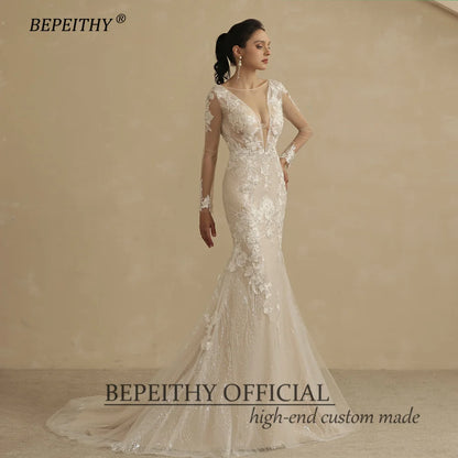 BEPEITHY Mermaid Champange Full Sleeves Lace Wedding Dresses For Women 2022 Bride Summer Sexy Open Back Bridal Boho Party Gown