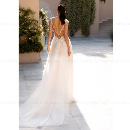 ANGEL Sexy Deep V-Neck Wedding Dress Cap Sleeve High Side Split Beach Backless Bride Gown Button Train Vestido De Novia