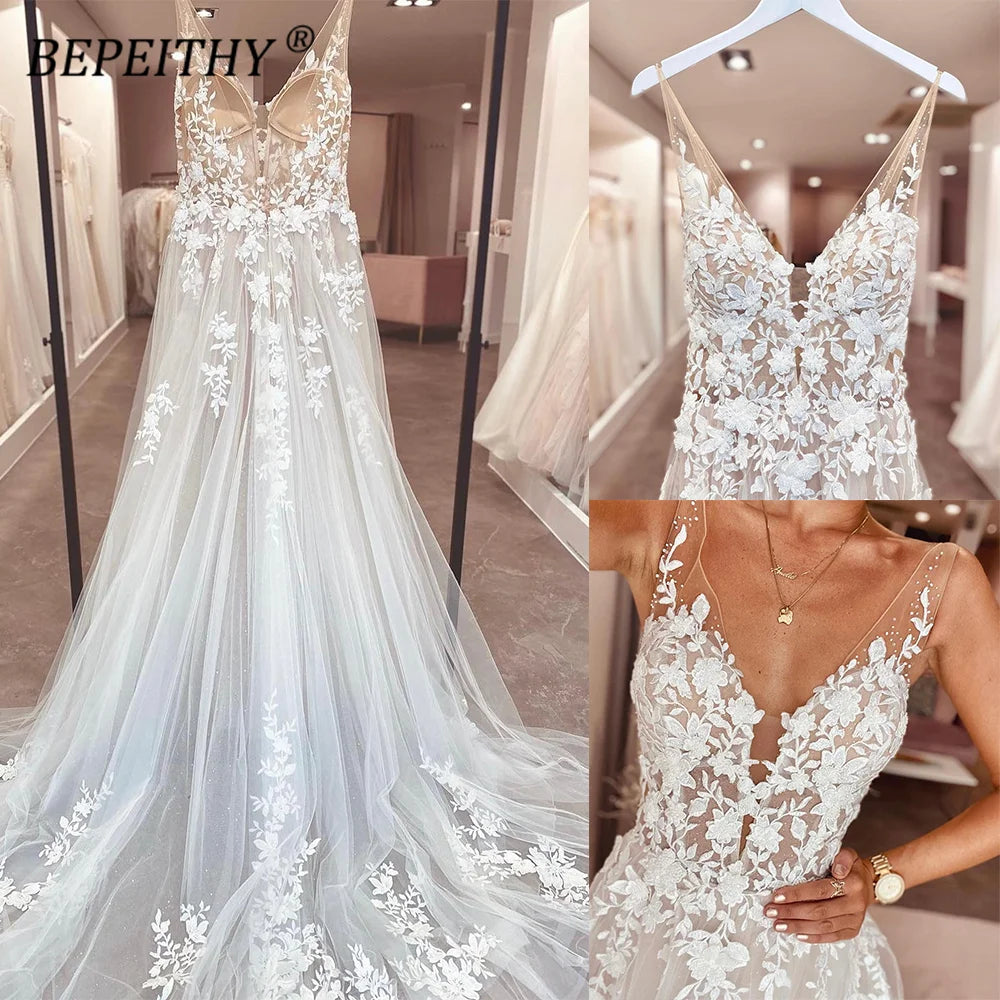 BEPEITHY Sexy Dos Nu Col V Dentelle Robes De Mariée Pour Mariée Femmes 2023 Sans Manches Une Ligne Balayage Train Robe De Mariée 2023 Robes