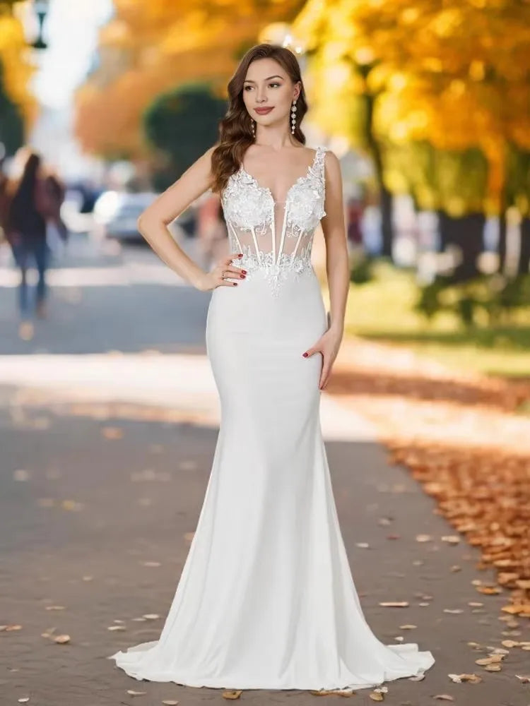 MisShow Korean Style Simple Ivory Lace Wedding Dress Sexy Illusion Waist V Backless Appliques Mermaid Sheath Wedding Gowns