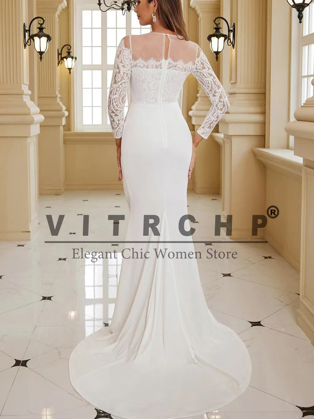 VITRCHP Long Sleeve Mermaid Wedding Dress Beach O-Neck Lace Sweep Train Button Bridal Gowns Customize To Measures Civil Sweep