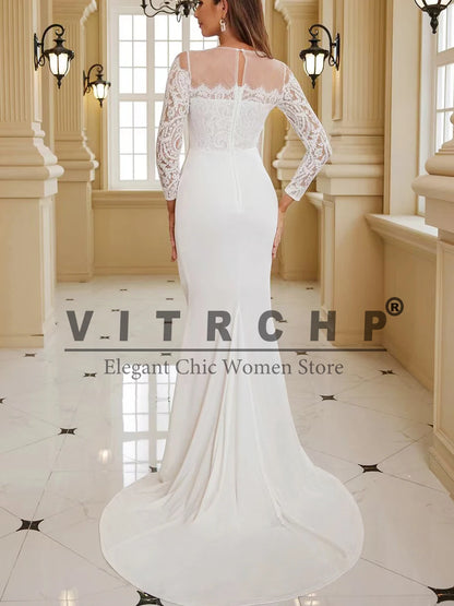 VITRCHP Long Sleeve Mermaid Wedding Dress Beach O-Neck Lace Sweep Train Button Bridal Gowns Customize To Measures Civil Sweep