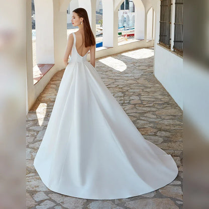 Robes de mariée élégantes en satin blanc sans manches, robes de mariée simples pour femmes 2024, mariée dos ouvert, ligne A, robe de mariée