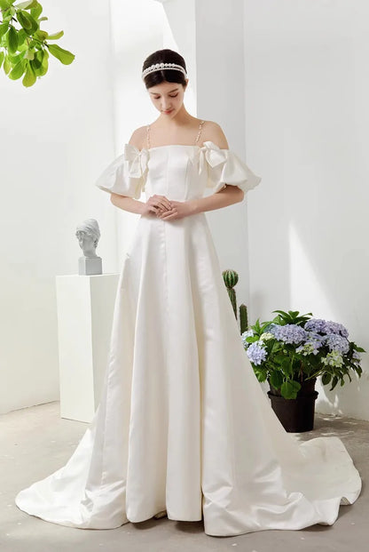 Vestidos de novia de satén con hombros descubiertos, corte A, mangas largas, vestido de novia elegante con hombros cortos, talla grande