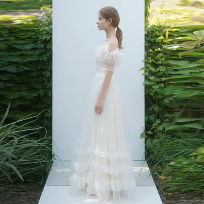 Robe de mariée élégante à manches courtes pour femmes, robe longue de demoiselle d'honneur à épaules dénudées, robe de soirée de mariage blanche