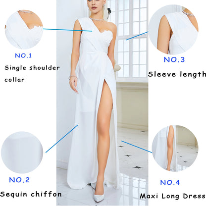 Women's Elegant Wedding Party Dress Single Shoulder Strap Ruffle Leg Split Tight Evening Dress Robe