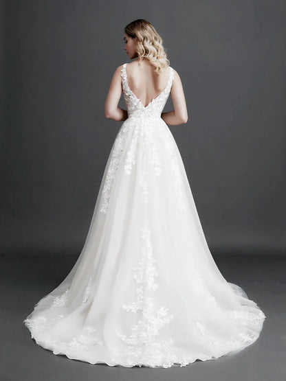 Robe de mariée élégante en dentelle A-Line pour femme, coupe ajustée, col en V, dos nu, robe de mariée, nouvelle collection 2024, robe de soirée avec appliques de fleurs 3D