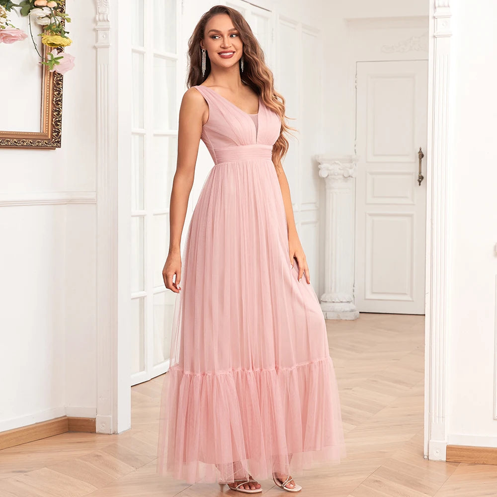 New Women Elegant V-neck Sleeveless Tulle Evening Dress A-Line Fluffy Gauze Wedding Bridesmaid Party Dress