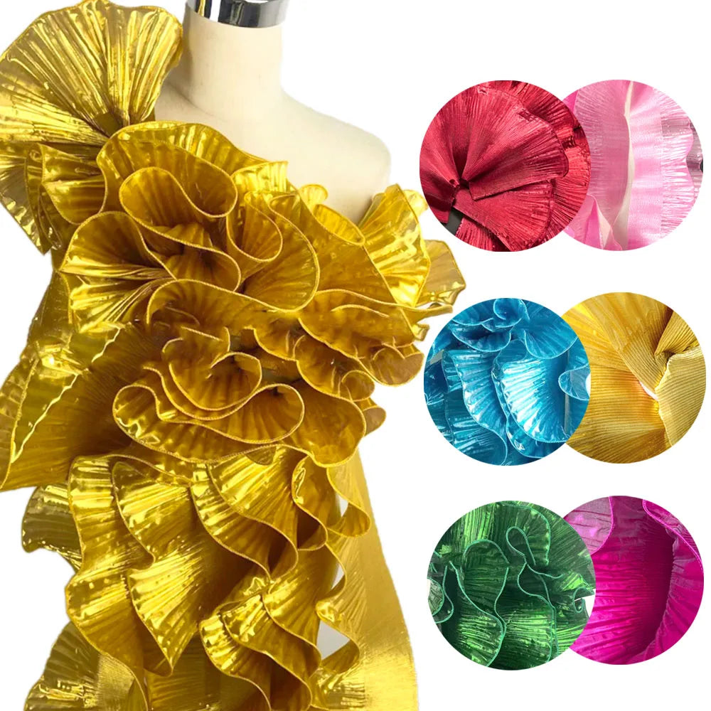 Metallic Lustrous Big Wave Lace Fabric Big Brand Designed Pleat Mesh Organza DIY Styling Sewing Fashion Ruffle Dress Accessories