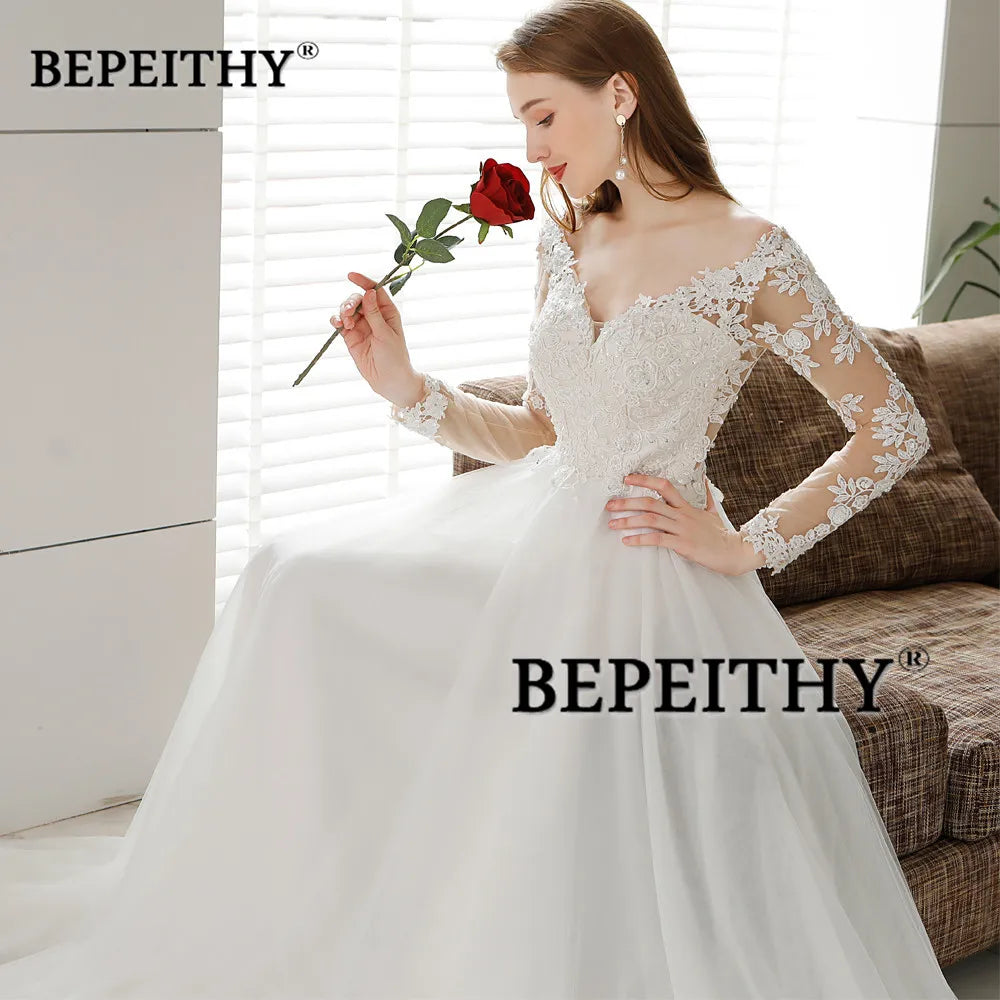 BEPEITHY Robe De Mariée Plage Robes De Mariée Pour Femmes Sexy Dos Nu Moderne Manches Longues Dentelle Robes De Mariée 2023 Vente Chaude