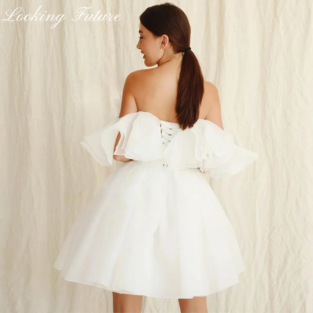 Civil Short Boho Wedding Dresses Off The Shoulder Tiered Ruffles Puffy Mini Wedding Party Gowns For Bride Robes De Mariage 2024