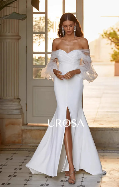 Wedding Dresses off-shoulder satin mermaid slit long-Sleeves Vestido De Noiva Elegant short-shoulder Bridal Gown plus size