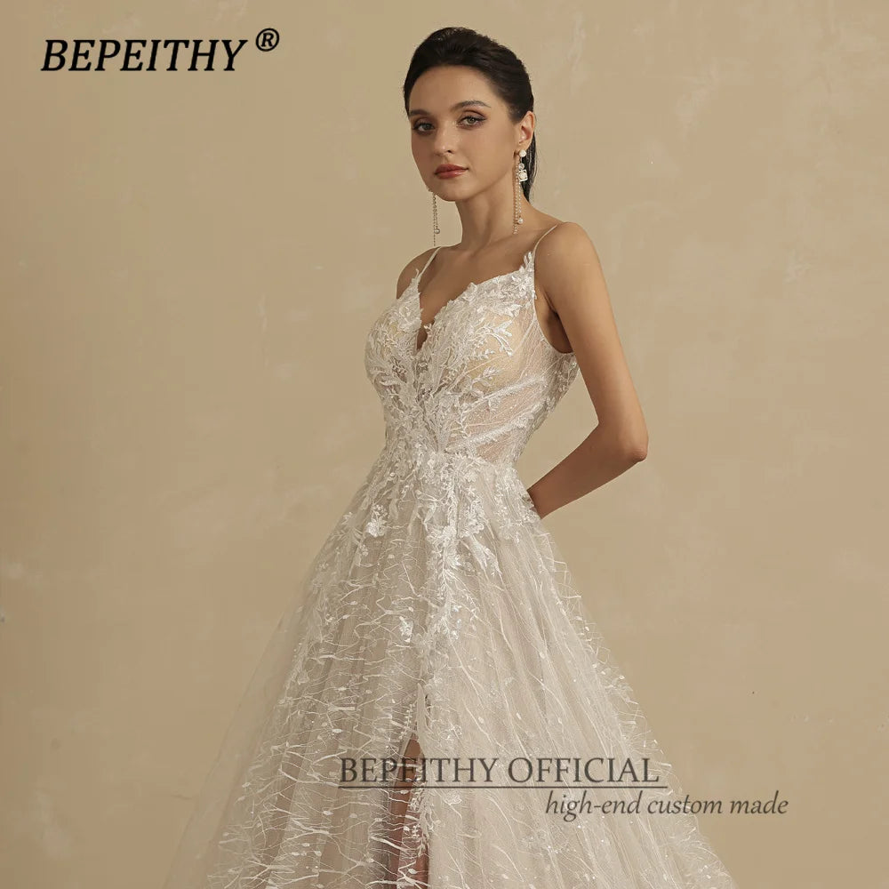 BEPEITHY A Line Lace Wedding Dresses For Women Bride 2022 Sleeveless Sexy High Slit Court Train V Neck Boho Bridal Dress Party