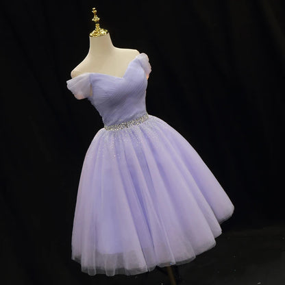 Robe de soirée violette en tulle avec plis et perles, épaules dénudées, lacets, coupe trapèze, longueur genou, lacets, grande taille, robes de soirée pour femmes B2206