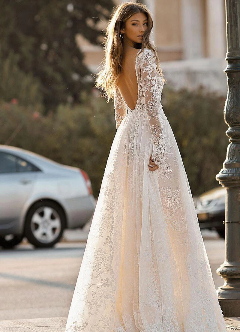 Vestidos de novia sexys con escote en V profundo y espalda descubierta 2024 elegantes Berta 3D Flora con apliques de encaje para playa, vestido de novia personalizado Robe De Mariee