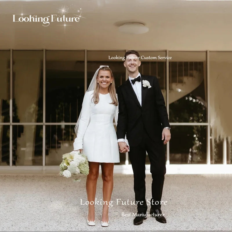 Vestido de novia sencillo, corto, de satén, corte A, elegante, cuello redondo, mangas largas, formal, plisado, con cremallera, para novias, minivestido de novia 2024