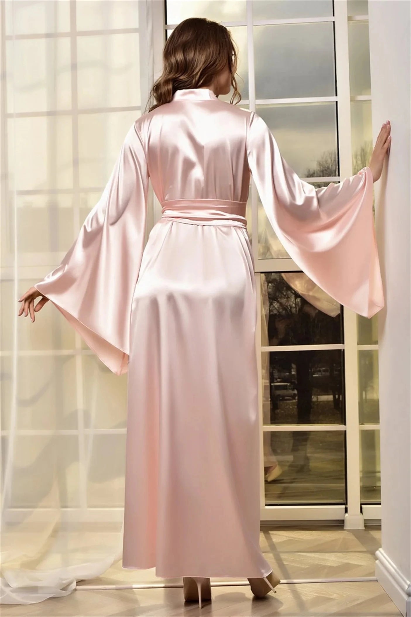 White Soft Silk Bridal Robe with Belt Long Sleeve Dressing Gown Wedding Bathrobes Women Boudoir Sleepwear Nightgowns