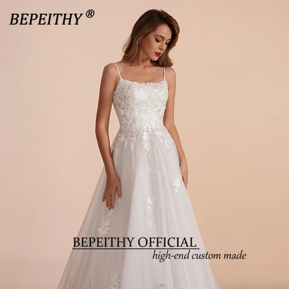 BEPEITHY Vestidos de novia de corte A color marfil 2023 para mujer Vestido de novia sin mangas con cola larga Boho Robe De Mariée Vestido de novia blanco