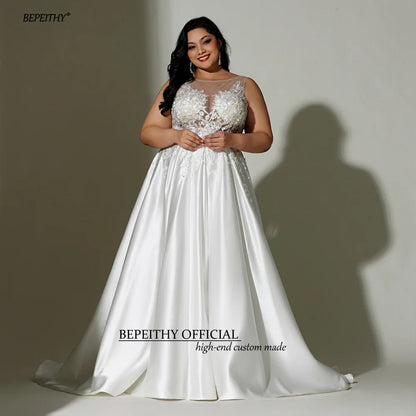 BEPEITHY A Line Ivory Plus Size Satin Wedding Dresses For Women O Neck Sleeveless Sweep Train Sheer Sexy Curve Bridal Gowns