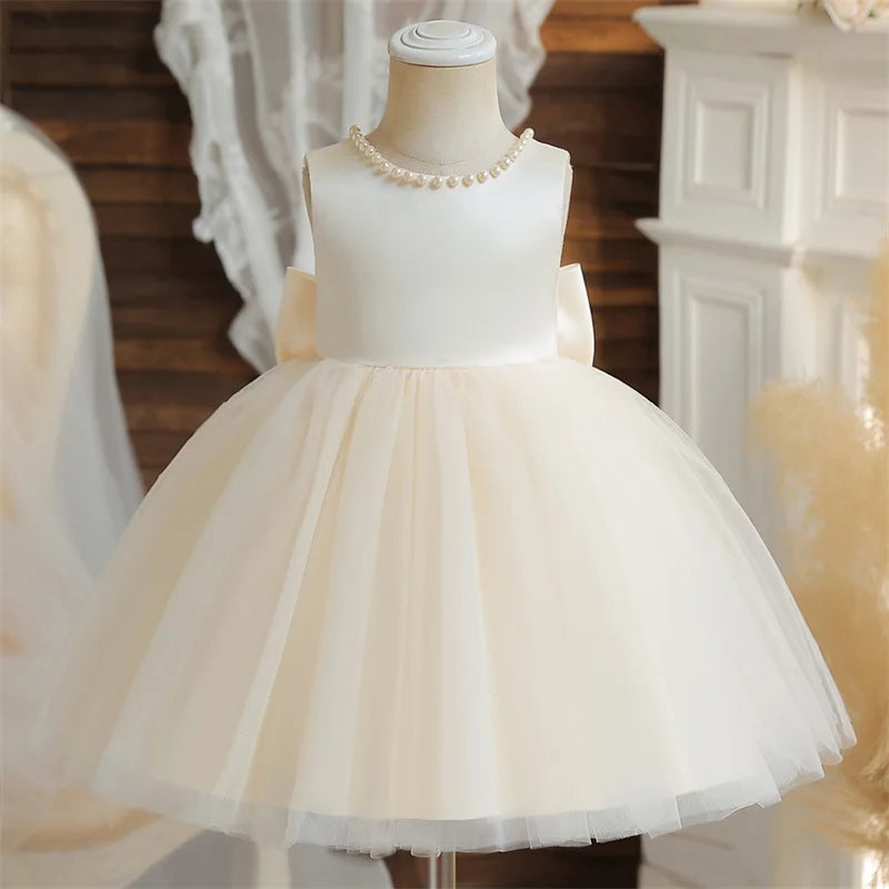 Flower Girl Dresses for Wedding Kids Lace Backless Tulle Tutu  Princess Prom Party Clothes Baby 1st Birthday Baptism White Dress