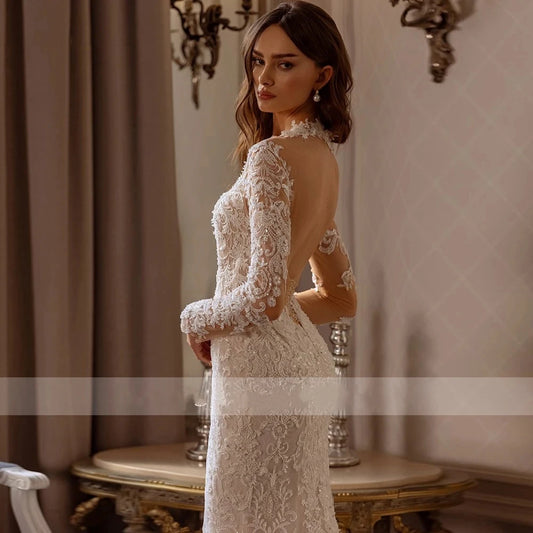 Vestidos de novia de escote corazón, vestidos de novia sexys sin espalda, apliques de encaje, mangas largas, sirena 2024, vestidos de novia exquisitos 2023