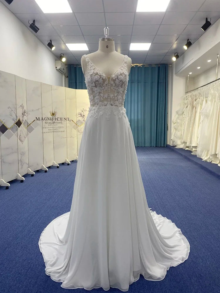 Vestidos de novia con escote en V sin mangas y sencillos, vestidos de noche para graduación 2024, nuevos vestidos de novia de encaje con temperamento para mujer, apliques 3D