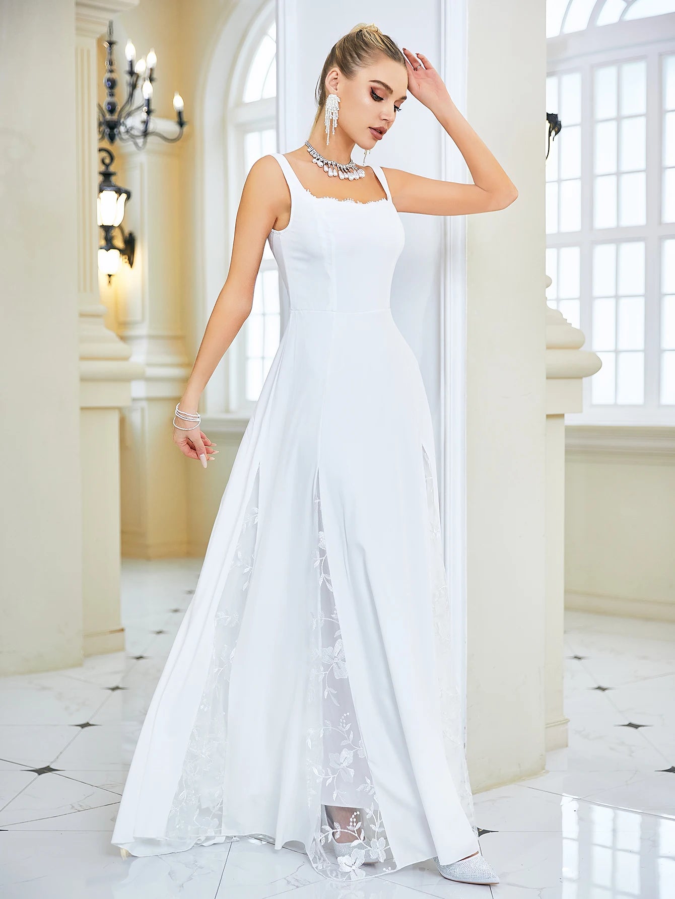 Robe de mariée sexy en dentelle blanche pour femme, longue robe à bretelles, sans manches, dos carré, coupe ajustée, robe de demoiselle d'honneur formelle