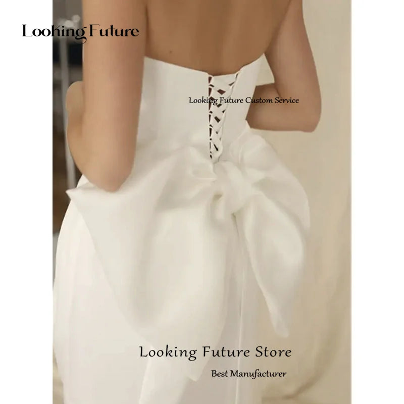 Simple Mini Short A-Line  Wedding Dress Satin Sleeveless Strapless Bridal Sexy Backless With Bow  Lace Up Gown Vestido de novia