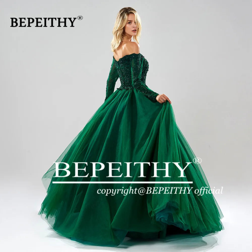 BEPEITHY Vestido de fiesta de noche de manga larga con cuello en V, elegante, sin tirantes, para graduación, quinceañera, para mujer, ocasión formal, 2023