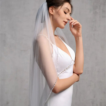 V197 Bead Edge Wedding Veil Rhinestone & Pearl Bridal Veils Beading & Petite Pearls 1 Tier Soft Wedding Dress Accessories