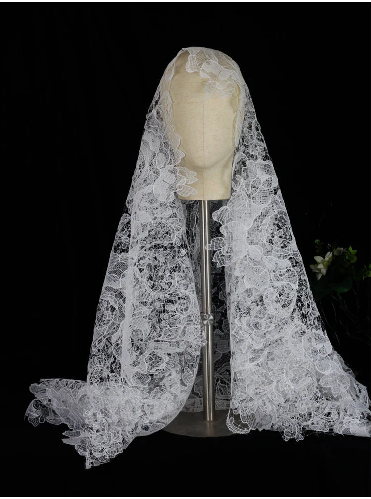 V311 Voile de mariée haut de gamme pour robe de mariée Voile de mariée long en dentelle ajourée à une couche, fait à la main, blanc