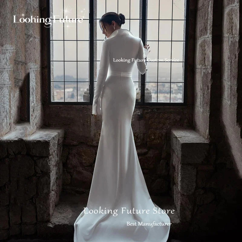 Morden White Mermaid Wedding Dress Simple Long Sleeves Sweep Train Elegant V-Neck With Button Gown Dresses Custom Made 2024