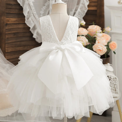 Flower Girl Dresses for Wedding Kids Lace Backless Tulle Tutu  Princess Prom Party Clothes Baby 1st Birthday Baptism White Dress