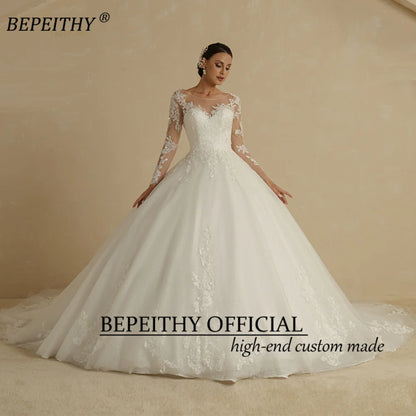 BEPEITHY Exquisite Ivory Scoop Wedding Dresses 2022 For Women Full Sleeves Chapel Train Vintage Dropped Lace Ball Bridal Gown