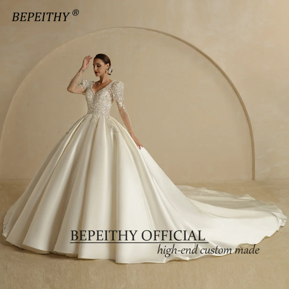 BEPEITHY V Neck Luxury Ball Gown Wedding Dresses For Women 2022 Chapel Train Open Back Sexy Long Sleeves Princess Bridal Dress