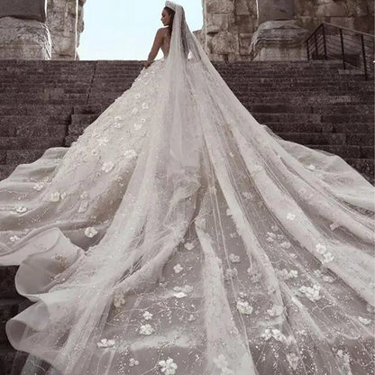 Vestidos de novia de lujo con bola de cristal, vestidos de novia de encaje de manga larga transparente, apliques 3D, cola capilla, vestido de novia de talla grande