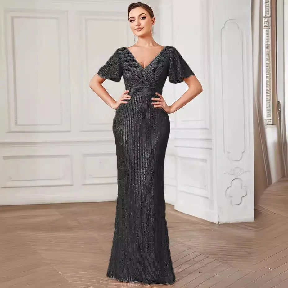 Robe de soirée sexy à paillettes de couleur unie à col en V Robe de soirée élégante Robe de soirée de mariage Robe de demoiselle d'honneur pour femmes Légèrement élastique