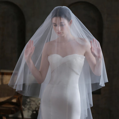 V872 Long White Handmade Bridal Veil for Wedding Dress Tulle Two-Layer Cathedral Brides to Be Veil with Hair Comb